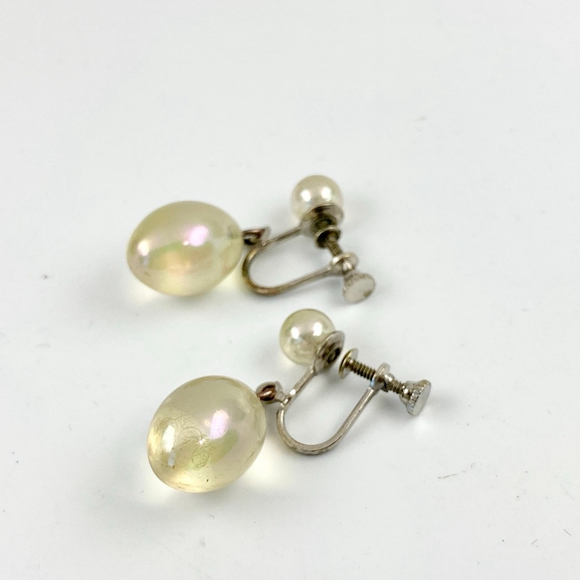 Antique Rainbow Iridescent Bubble Glass Sterling Drop Earrings. Screwback. - Picture 7 of 9